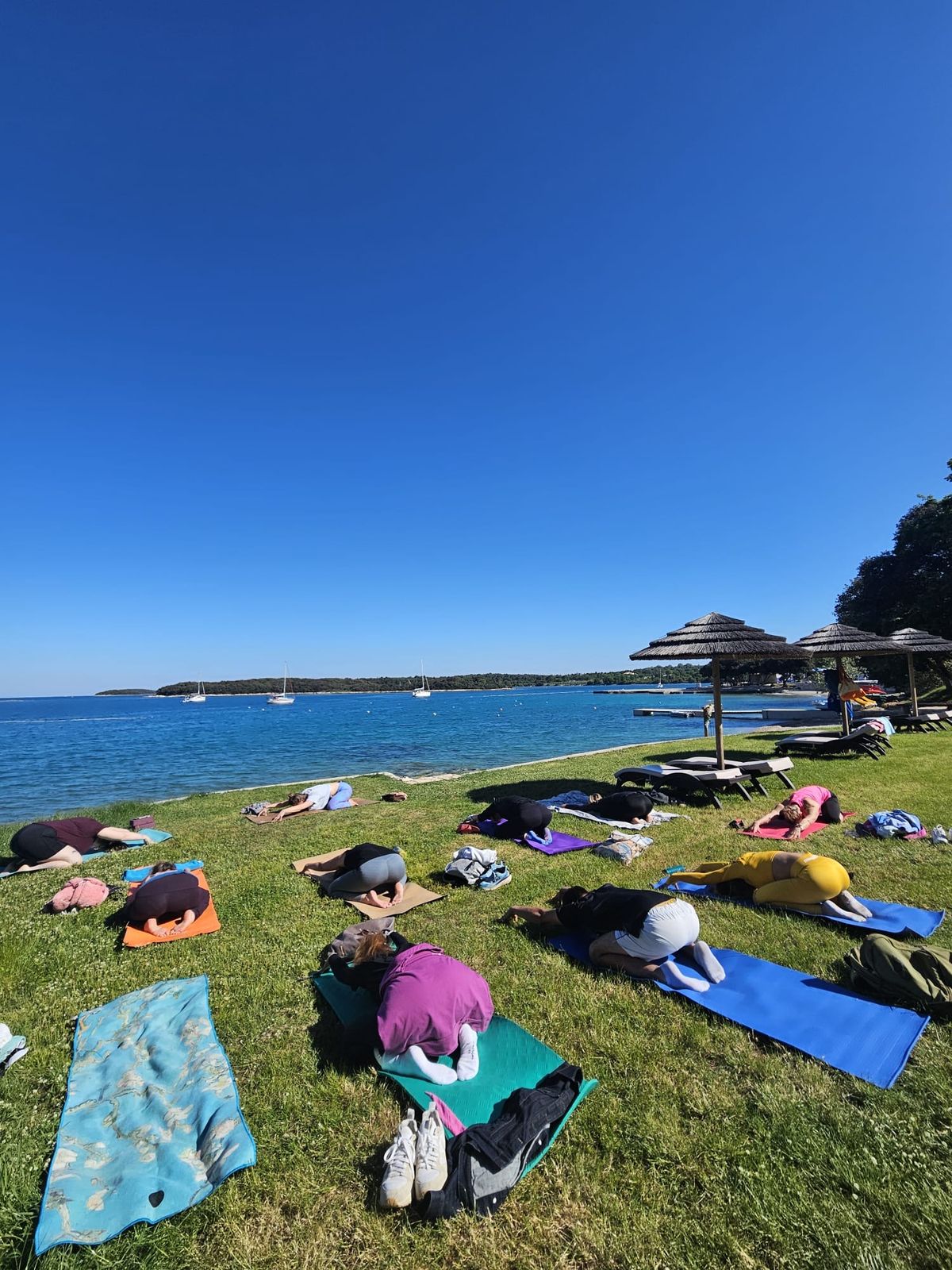 Group yoga class by the sea in Vrsar, seen from above